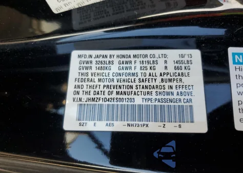 2014 Honda Cr-Z из США, поврежденный, VIN JHMZF1D42ES001203